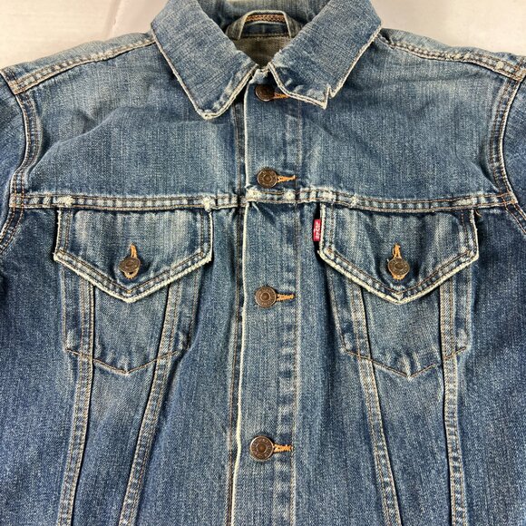Y2K Levi's Jean Jacket Medium Blue Faded Trucker DIY Blue Tribal Sleeve Denim - Picture 5 of 16